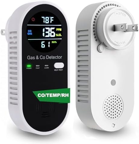 Combustible Gas & Carbon Monoxide Detector 4-in-1 Alarm with Temp/Humidity Sensor – Plug-in CO/Gas Leak Detector for Home, RV, Apartment Safety (Explosive Gas & CO Detection) 1-Pack
