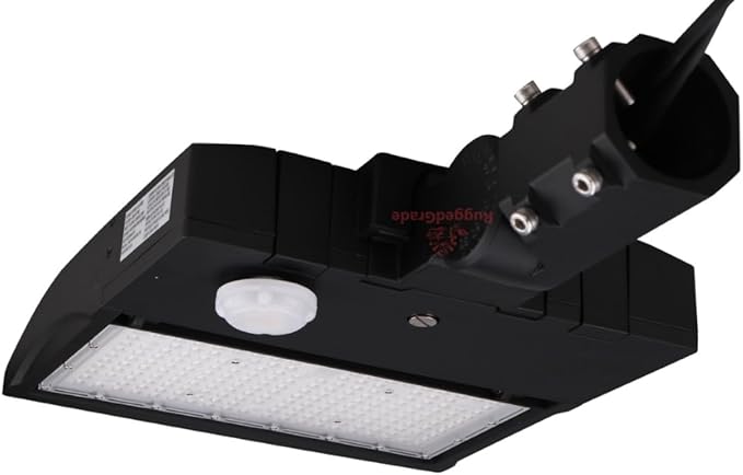 RuggedGrade with Motion Sensor - 150 Watt LED NextGen III Shoebox Light - 21,000 Lumen - 5000K Bright White - Slip Fit - Title 24 Compliant - Dusk to Dawn Capable