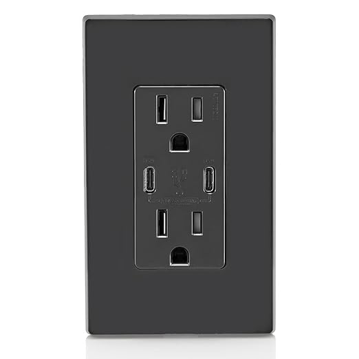 Leviton T5637-E 30W (6A) USB Dual Type-C/C in-Wall Charger with 15A Tamper-Resistant Outlet, USB Charger for Smartphones and Tablets, Not for Laptops, Black