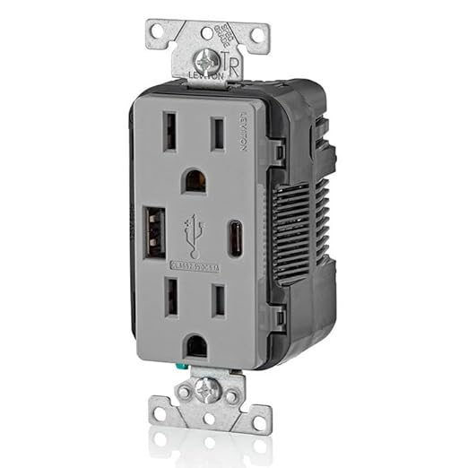 Leviton T5633-GY Type A & Type-C USB In-Wall Charger with 15A Tamper-Resistant Outlet, USB Charger for Smartphones and Tablets. Not for Laptops, Gray