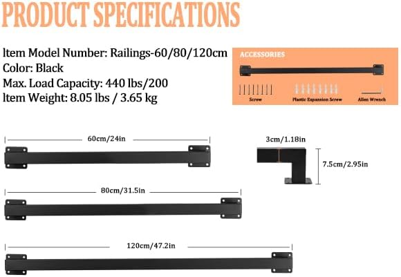 Stair Railing Metal Hand Rails for Indoor Stairs Wall Mount Staircase Handrails 1.25" Pipe Stair Handrail for Steps Black Iron Stairway Railing for Outdoor & Indoor Stairs -24inch
