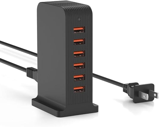 VPSUN USB Charger 6 Port 50W Multi USB Tower Charging Station for Multiple Devices iPhone 15/14/14 Pro/14 Pro Max/13 Pro/13 Pro Max/Android/Samsung/Tablet,etc (Black, 50W)