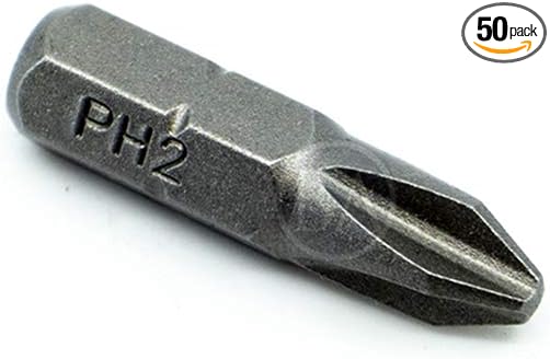 Benchmark Abrasives 1/4 Inch Hex Anti Slip Phillips Insert Screw Head Screwdriver Bits, Rotary Drill Bits for Repairing Electronics, Automotive Parts, Furniture (50 Pack) - (PH2 x 1")