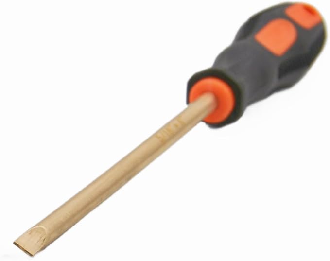 Non-Sparking 5/16 Inch (8mm) Flat Screwdriver flat head, Beryllium Bronze Non Spark, 6 Inch (150mm) Working Length, 11 inch Total Length, Spark Free Safety, non-magnetic, corrosion-resistant