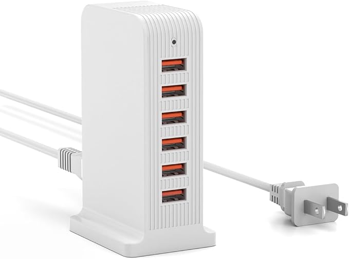 USB Charging Station - Multiport USB Charger Hub,6 Port Charger Tower for iPhone 15/14/13/12, iPad, Samsung Galaxy, Google Pixel,HTC, and Multiple Devices (white-50W)