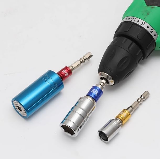 Impact Socket Adapter Set with 3 joint sockets (1/4", 3/8", 1/2") that transforms your power drill into a high-speed nut driver. Includes drill adapter and extension set for versatile use