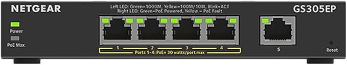 NETGEAR 5 Port PoE Gigabit Ethernet Easy Smart Managed Essentials Switch (GS305EP) - with 4 x PoE+ @ 63W, Desktop or Wall Mount