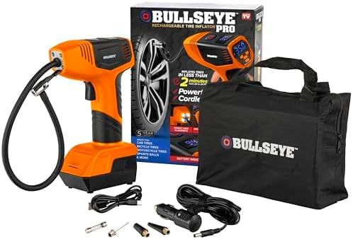 EMSON Bullseye Pro ASON TV Digital Tire Inflator Automatic 150 PSI w/Gauge Display Screen & Pre-set Pressure in KPA,PSI,BAR,Kg/cm,Built-in LED Lights,Rechargeable,Air Compressor,Car Tire Pump,Orange