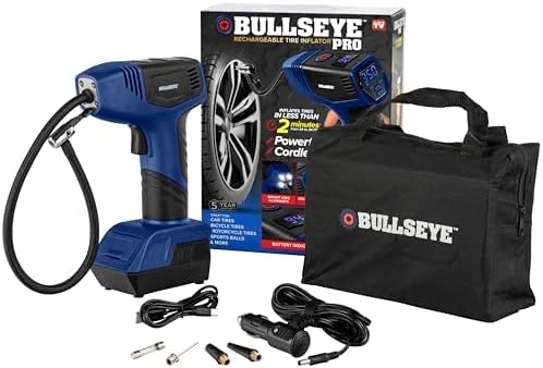 Bullseye Pro Tire Inflator Portable Air Compressor, Car Tire Inflator Portable, Portable Air Pump for Car Tires - 150PSI, 12V DC 1500 mAhs with Tire Pressure Gauge, Rechargeable As Seen On TV(Blue)
