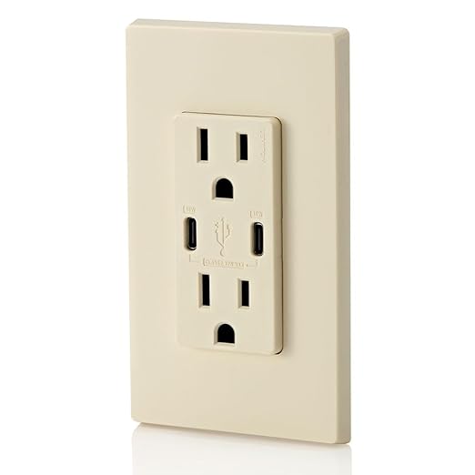 Leviton T5637-T 30W (6A) USB Dual Type-C/C in-Wall Charger with 15A Tamper-Resistant Outlet, USB Charger for Smartphones and Tablets, Not for Laptops, Light Almond