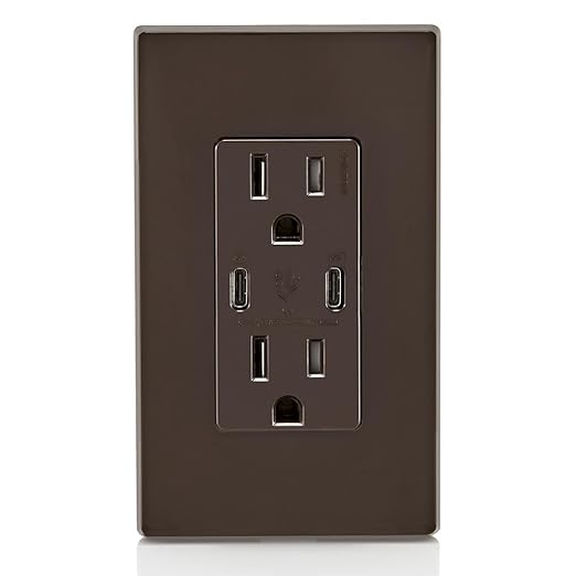 Leviton T5637-B 30W (6A) USB Dual Type-C/C in-Wall Charger with 15A Tamper-Resistant Outlet, USB Charger for Smartphones and Tablets, Not for Laptops, Brown