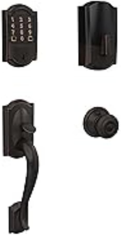 Schlage Lock Company BE489WB CAM 716 Schlage Encode Smart WiFi Deadbolt with Camelot Trim in Aged Bronze, Company Camelot Front Entry Handle Georgian Interior Knob (Aged Bronze)