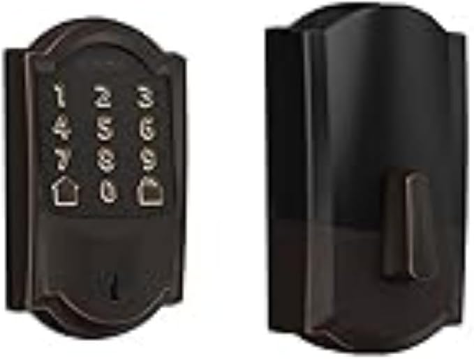 Schlage Lock Company BE489WB CAM 716 Schlage Encode Smart WiFi Deadbolt with Camelot Trim in Aged Bronze, Company Camelot Front Entry Handle Georgian Interior Knob (Aged Bronze)