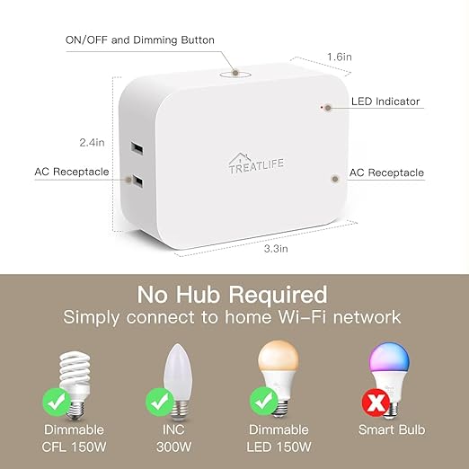 Alexa Smart Dimmer Plug, Treatlife Plug-in Lamp Dimmer Switch for Dimmable LED, CFL, Halogen and Incandescent Bulbs, Lamps, String Lights, Max Power 300W, Dual Outlets, 2.4GHz WiFi Only