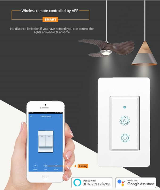 Nexete Smart Wi-Fi Double Light Switch, 2 in1 Single Pole Switch Compatible with Alexa Google Assistant & IFTTT,Remote Control, Timing Function No Hub Required (1-Pack Double)