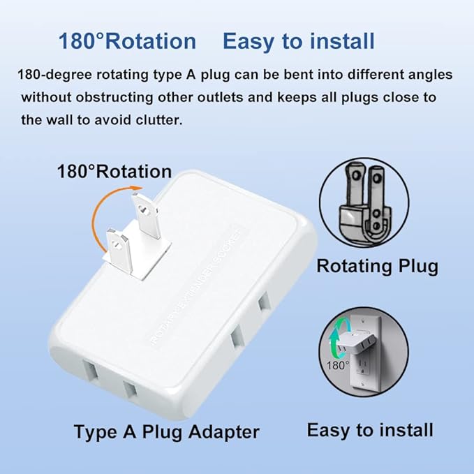 3 Way Flat Wall Outlet Extender,2 Prong180 Degree Portable Swivel Wall Tap Plug,Ultra Thin Folding Electrical Outlet Splitter (Easy Install),Type A,White,Pack of 2