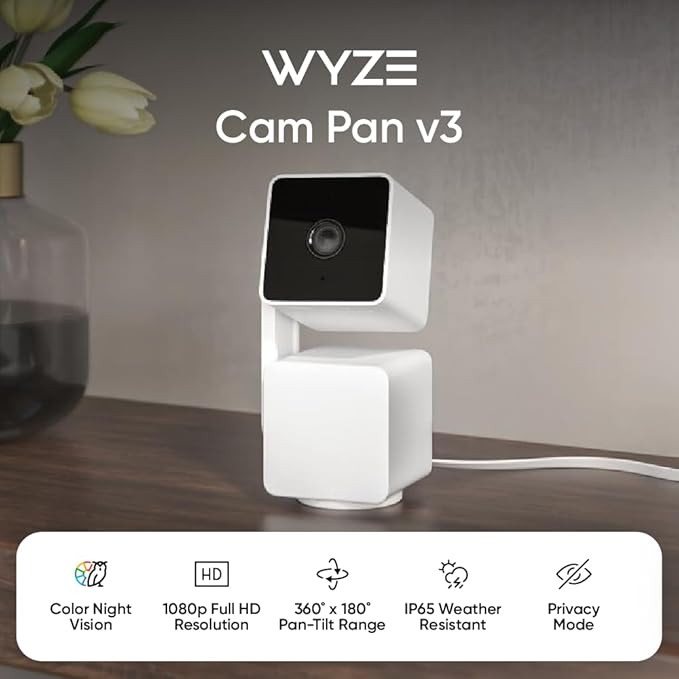 WYZE Cam Pan v3 Indoor/Outdoor IP65 1080P 360° Pan/Tilt/Zoom WiFi Smart Home Security Camera, Motion Tracking for Baby/Pet, Color Night Vision, Works with Alexa&Google Assistant, Free Expert Setup
