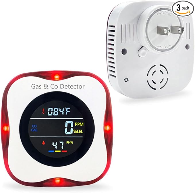 Combination Gas & Carbon Monoxide Detectors - Plug in CO Alarm & Natural Gas Detector with Temperature Humidity Display, CO Detector & Combustible Gas Detector for Home/Travel(3 Packs)