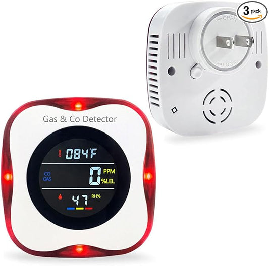 Combination Gas & Carbon Monoxide Detectors - Plug in CO Alarm & Natural Gas Detector with Temperature Humidity Display, CO Detector & Combustible Gas Detector for Home/Travel(3 Packs)