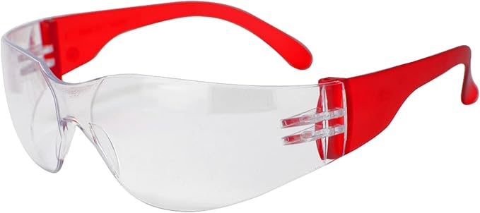 BISON LIFE Clear Lens Color Temple Safety Glasses | One Size, Adult, Youth, Clear Protective Polycarbonate Lens Color Temple, Red, 24 PAIRS