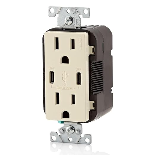 Leviton T5637-T 30W (6A) USB Dual Type-C/C in-Wall Charger with 15A Tamper-Resistant Outlet, USB Charger for Smartphones and Tablets, Not for Laptops, Light Almond