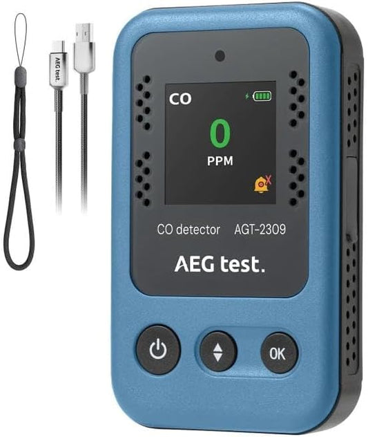 AGT-2309 Portable Carbon Monoxide Detector, 15-Day Standby, Rechargeable Mini CO Monitor with Lanyard for Travel & Camping, Handheld CO Meter with Audible & Visual Alerts, 0-1000ppm - Blue