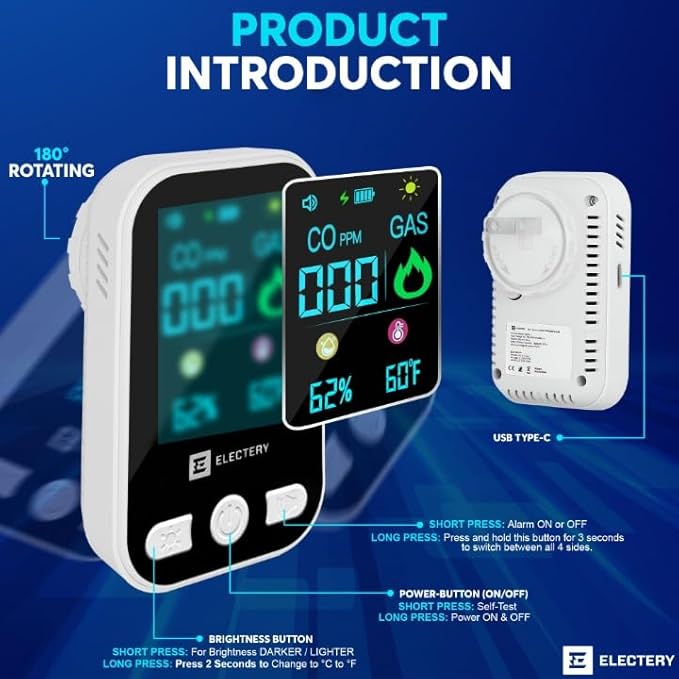 Carbon Monoxide Detectors & Natural Gas Alarm – 4-in-1 Portable Plug-in Detector with Battery Backup, LCD Display, Temperature & Humidity, CO & Gas Leak Sensor for Home, Apartment, RV & Travel