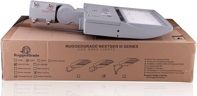 150 Watt LED NextGen III Parking Lot Lights - 21,000 Lumen - 5000K - Slip Fit Mount - with photocell - Silver/Gray Housing