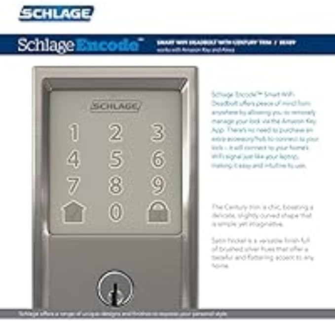 Schlage Encode Wi-Fi Smart Lock with Century Handleset Entry Set for Front Door, Satin Nickel