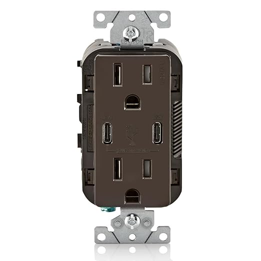Leviton T5637-B 30W (6A) USB Dual Type-C/C in-Wall Charger with 15A Tamper-Resistant Outlet, USB Charger for Smartphones and Tablets, Not for Laptops, Brown