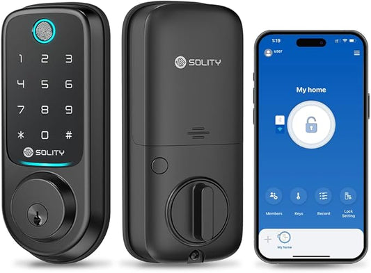 Solity No-Hub Smart Digital Door Lock, 5 in 1 Keyless Entry, Fingerprint, Wi-Fi, Remote Control, Touchscreen Keypad,Auto Lock, IP54 Waterproof (Matt Black, Biometric, GT10BK_MB)