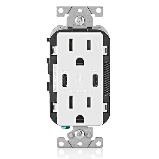 Leviton T5637-W 30W (6A) USB Dual Type-C/C in-Wall Charger with 15A Tamper-Resistant Outlet, USB Charger for Smartphones and Tablets, Not for Laptops, White