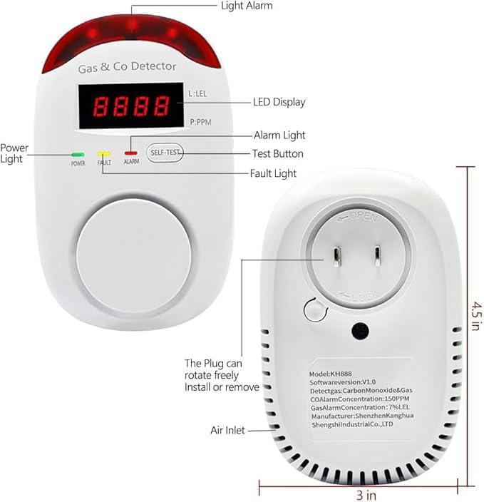 Combination Gas & Carbon Monoxide Detectors, Plug in Carbon Monoxide and Natural Gas Detector for Home, 2 in 1 CO Detector & Combustible Gas Detector with Light & Voice Warning(1 Pack)