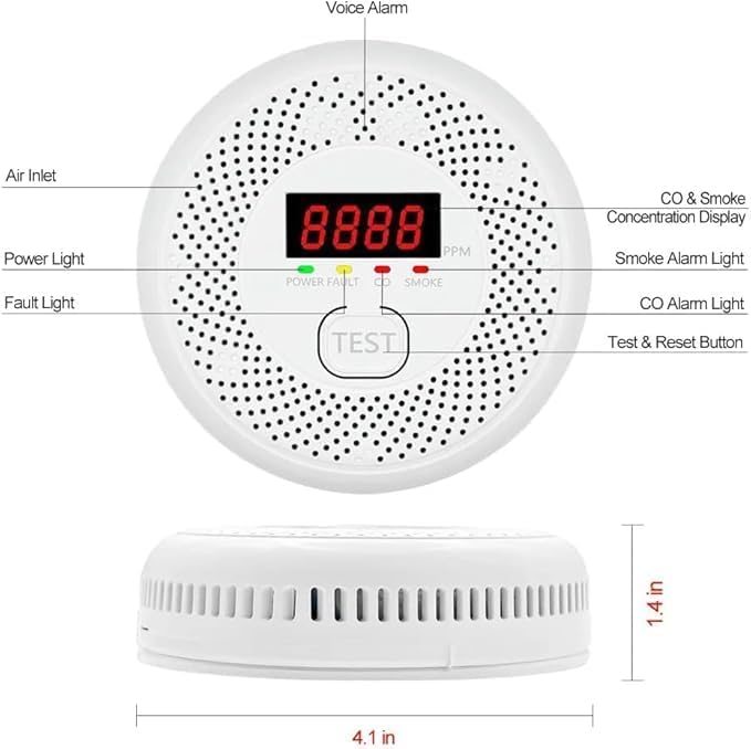 Carbon Monoxide and Smoke detecto LCD Display, Battery Powered, Dual sensors, 85dB Voice Alarm and Real-time Tracking, Suitable for Home/Kitchen/Bedroom/RV (Small Screen, 6Pack-CO&Smoke)