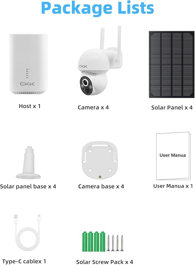 4MP PTZ Solar Security Camera Outdoor, 4pcs Wireless Security Camera System with 128GB Card, Pan/Tilt/Zoom, PIR Detection, 2-Way Audio, Audible Flashlight Alarm, IP66 Waterproof, Two Ways of Storage