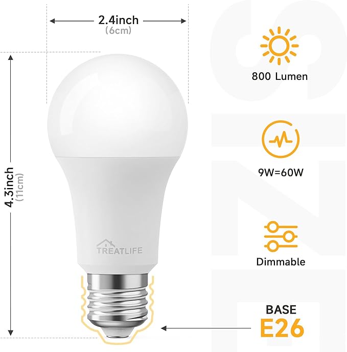 TREATLIFE Smart Light Bulbs 4Pack, 2.4GHz WiFi Smart Bulb, 2500K-6500K Tunable White Dimmable LED Light Bulb Compatible with Alexa and Google Home, 800LM, E26 A19 9W, No Hub Required
