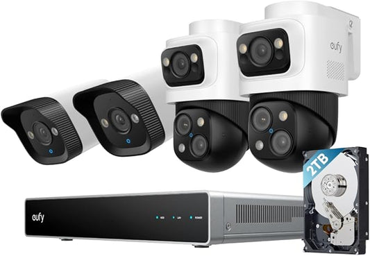 eufy PoE NVR Security Camera System S4, 24/7 Recording,16CH, 2TB HDD, 2 Bullet-PTZ Cams, 2 Bullet Cams, 360° PTZ, AI Auto Framing & Tracking, Smart Video Search, Color Night Vision