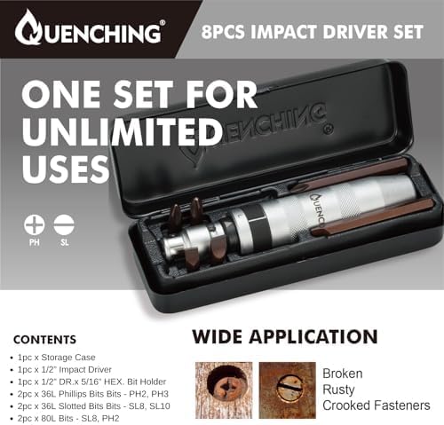 8-Pcs 1/2 Inch Drive Impact Driver Set, CR-V Extractor, Hand Manual Reversible Impact Screwdriver, 5/16 Inch Bit Adapter with S2 Steel Bits for Rusted Fasteners or Frozen Bolts