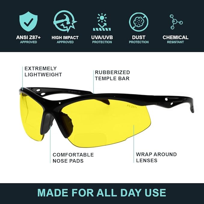 Bifocal Safety Glasses - Safety Glasses with Readers for Healthcare, Woodworkers, Motorcyclists, Workshop - Ansi Z87+