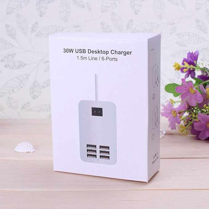 USB Charging Station 6-Port Desktop USB Charger Port Suitable for Smart Phones, All Charging Devices with SBU, Multi-Port Wall Charger with Switch (Black)