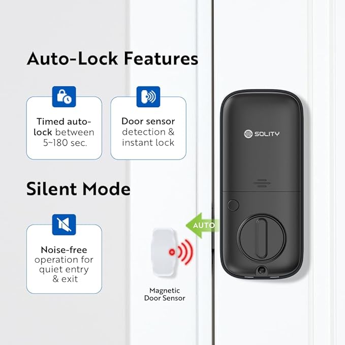Solity No-Hub Smart Digital Door Lock, 5 in 1 Keyless Entry, Fingerprint, Wi-Fi, Remote Control, Touchscreen Keypad,Auto Lock, IP54 Waterproof (Matt Black, Biometric, GT10BK_MB)