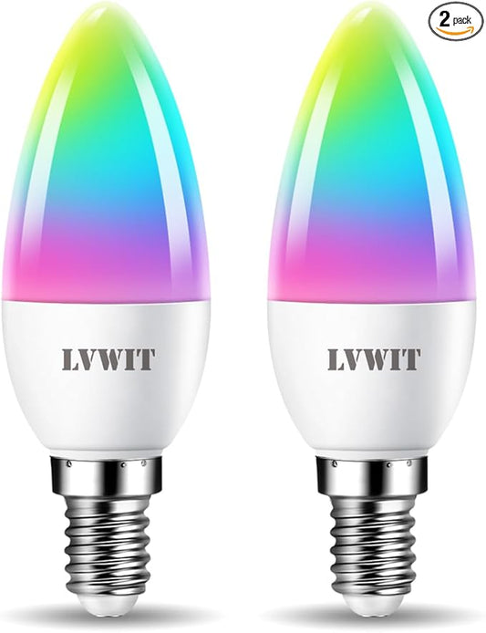LVWIT Smart Light Bulb, B11 Smart Candelabra LED Bulb, E12 Base WiFi Chandelier Light Bulb, Color Changing, Dimmable, Work with Alexa Google Home Amazon Echo, No Hub Required, 470 Lumen 4.9W 2 Pack