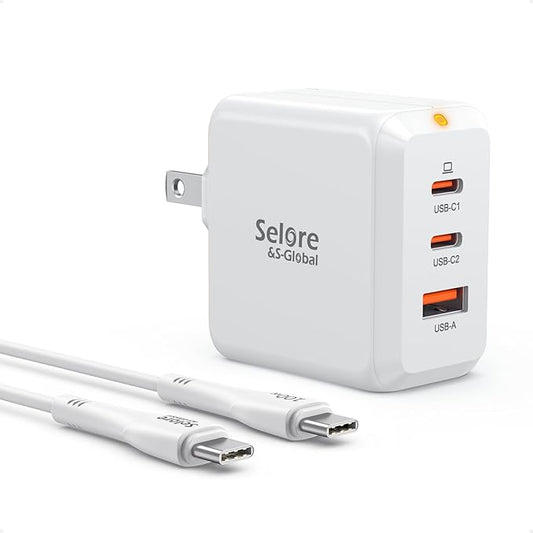 SELORE 67W USB C Charger Block, GaN Foldable Fast Charging Block, 3-Port Wall Charger Adapter with USB-C Cable for MacBook Pro/Air, iPhone 17/16/15/14/13/12/11, iPad Pro, Galaxy S25/S24/S23, Tablets