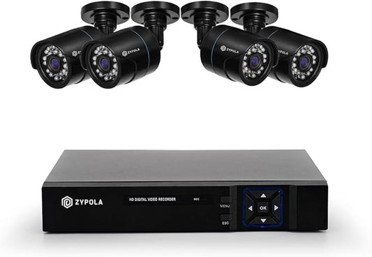 Zypola® 8 Channel 4 Camera Outdoor Wired CCTV System, 1080p Full HD, 130 ft Infrared Night Vision, WDR & DNR, H.265, NO HDD