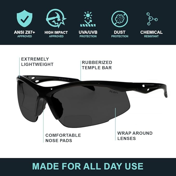 Bifocal Safety Glasses - Safety Glasses with Readers for Healthcare, Woodworkers, Motorcyclists, Workshop - Ansi Z87+