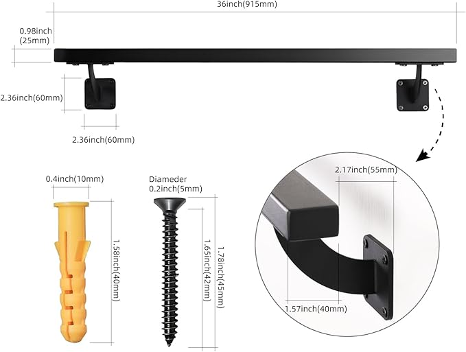 3 FT Heavy Duty Black Metal Staircase Handrail Indoor Stair Railing - 36 Inch Wall Mount Iron Pipe Hand Rails for Indoor & Outdoor, Banister Steps Rail Safety Wall Grab Bar for Handicap