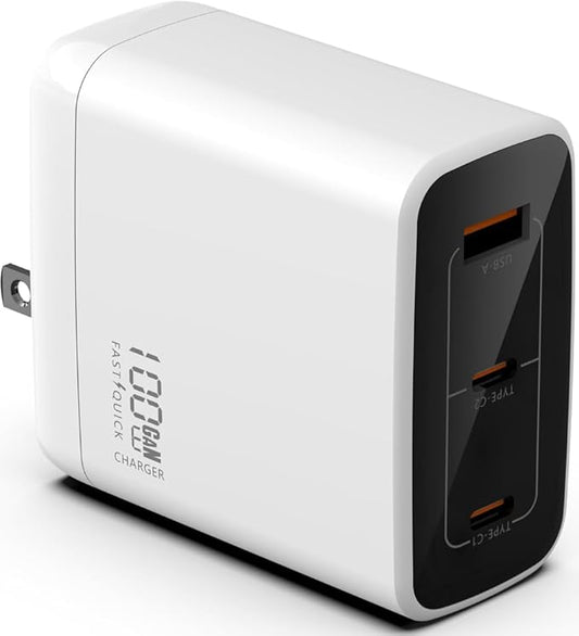 Fast 100W Dual USB-C Plus USB-A Charger - GaN Power Delivery - Fast Compact Power Adapter for Laptops, Smart Phones, Tablets and Thousands of Other Devices (White, 100W)