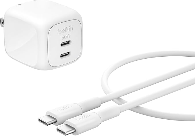 Belkin 2-Port USB C Charger Block 50W, Dual-Port GaN Charger w/ 2X USB C Ports & Included 1M C-C Cable, Fast Charging for MacBook, iPhone, iPad, Chromebook, Galaxy, Pixel - Travel Essentials - White