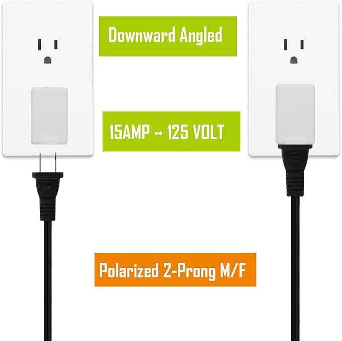 Polarized 2-Prong L Type Adapter, Vertical Right Angled Down Angle AC Adapter with NEMA 1-15P USA Outlet Saver Extension High Heat Resistant 2Pin Design