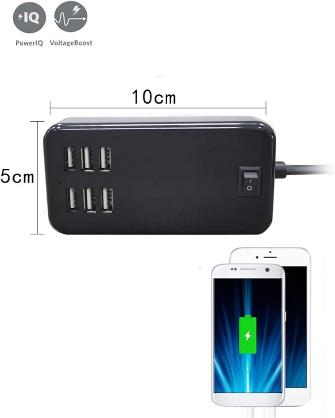 USB Charging Station 6-Port Desktop USB Charger Port Suitable for Smart Phones, All Charging Devices with SBU, Multi-Port Wall Charger with Switch (Black)